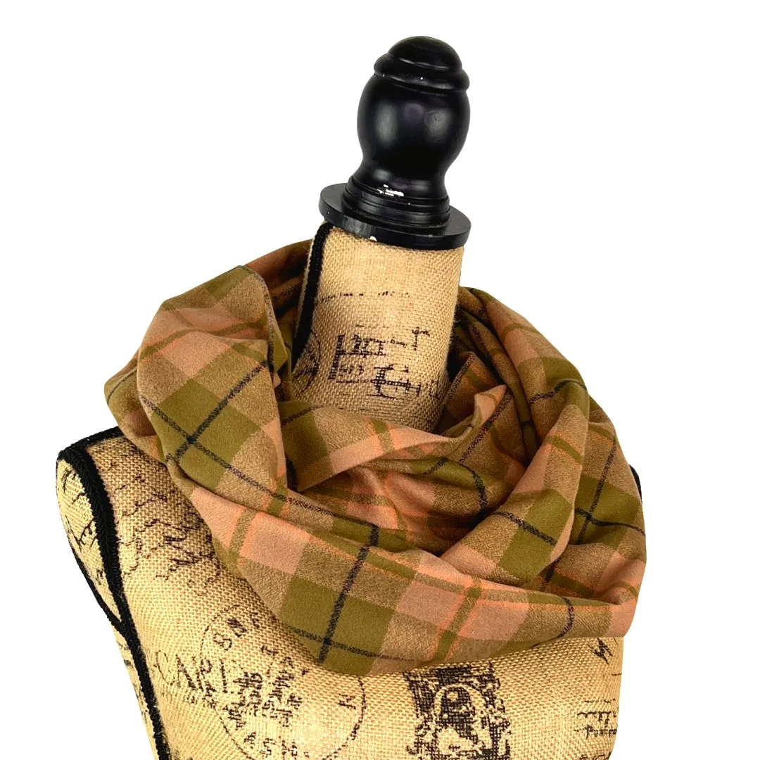 100% Organic Cotton Olive Green and Blush with Salmon and Deep Amethyst Accent Plaid Infinity and Blanket Scarves