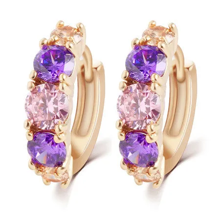 17KM Hot Sell Fashion Charm Personality Alloy Gold Color Purple Crystal Earring Jewelry Round Zirconia Design Earrings For Women