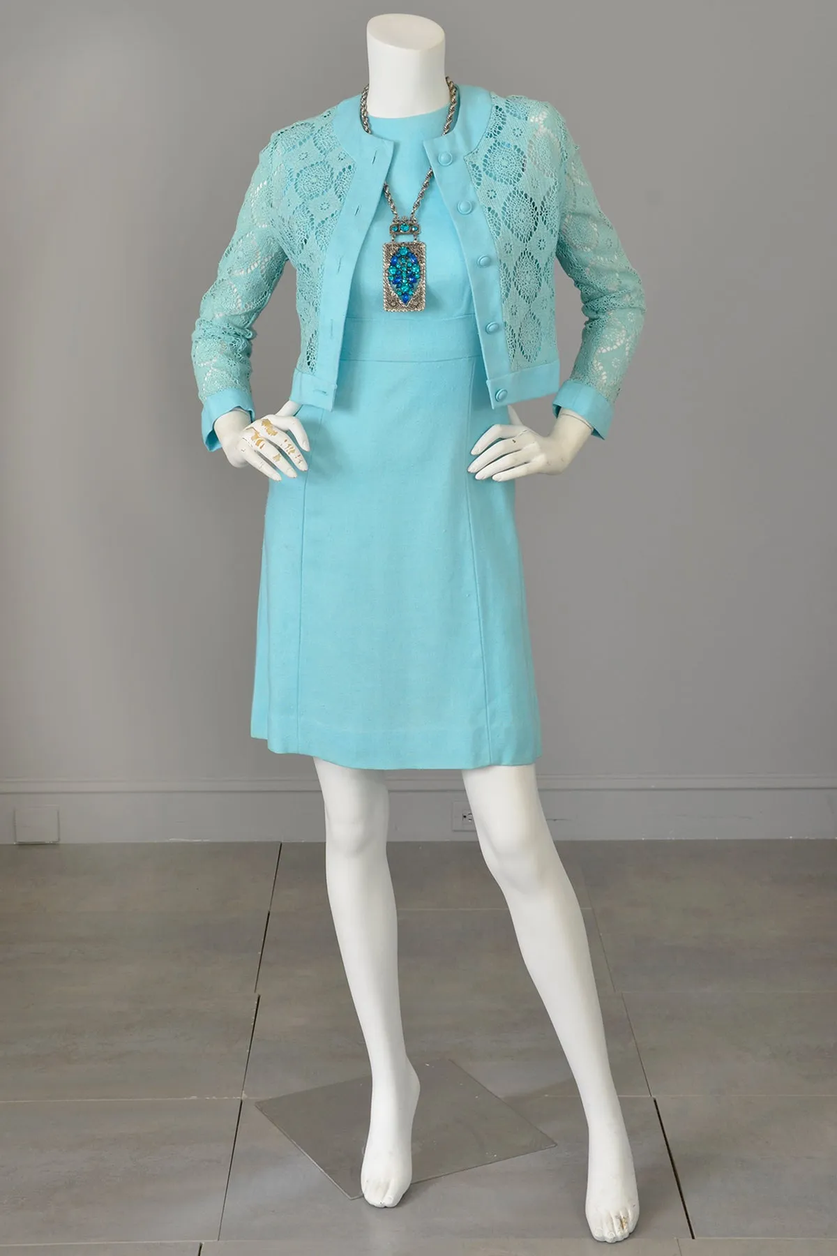 1970s Sky Blue Scooter Dress and Matching Crochet Lace Blouse Jacket