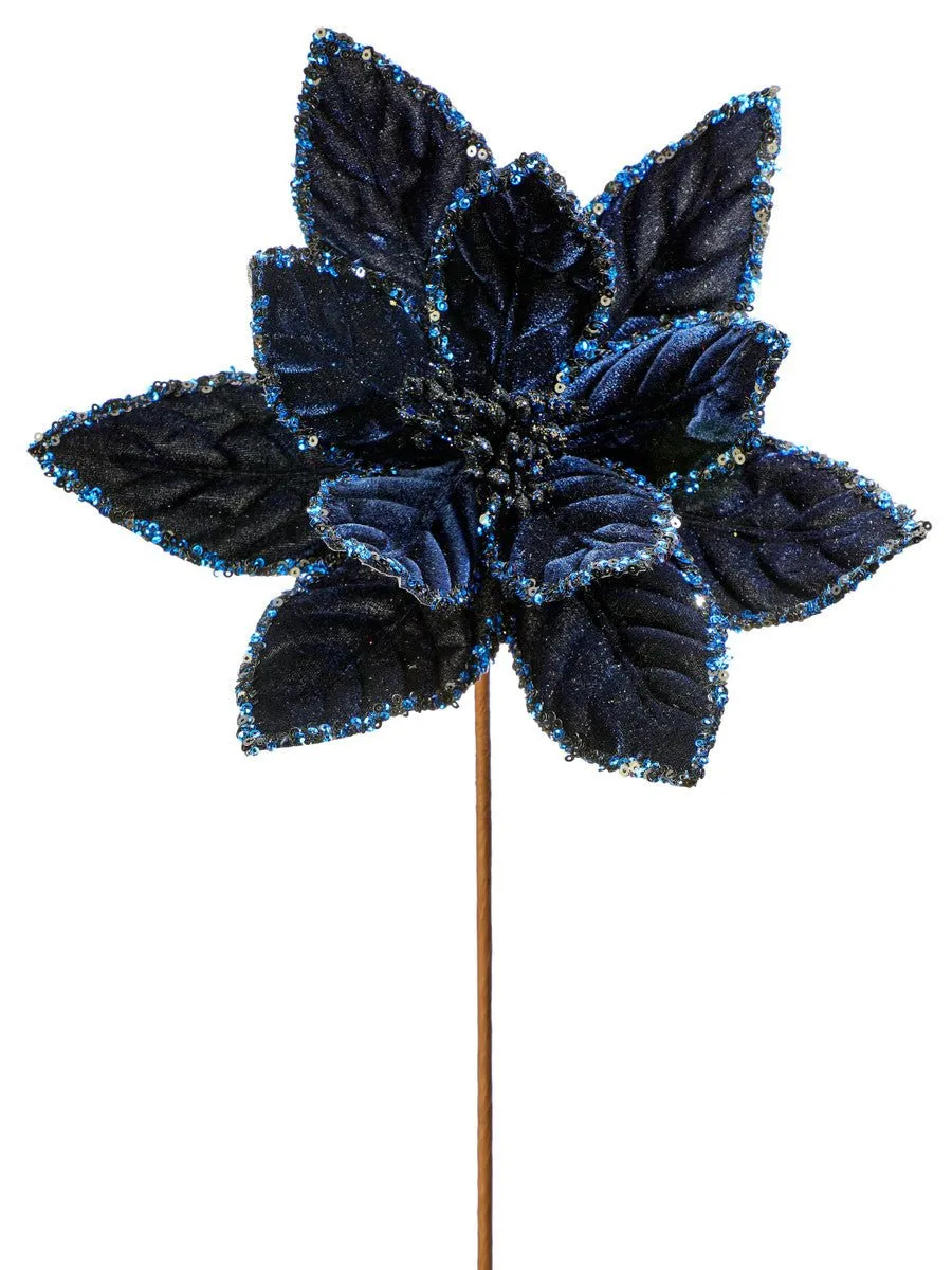 24" Sequin Edge Velvet Poinsettia Stem: Midnight Blue