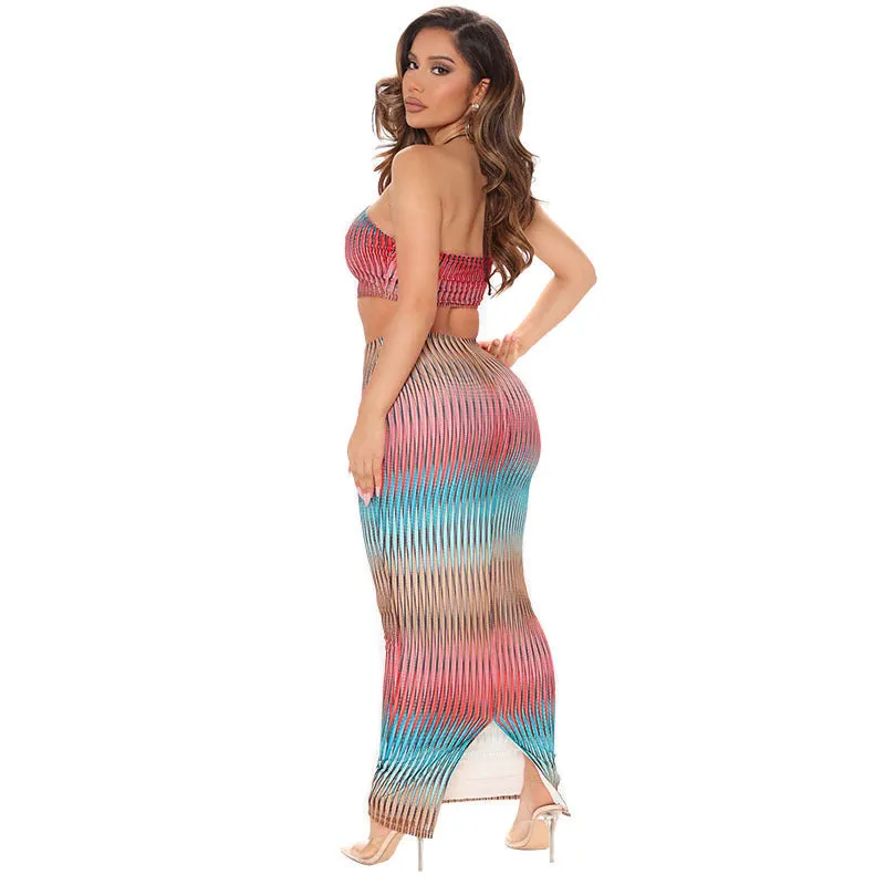 2pcs Wholesale Women Skirt Sets Halter Top   Long Skirt