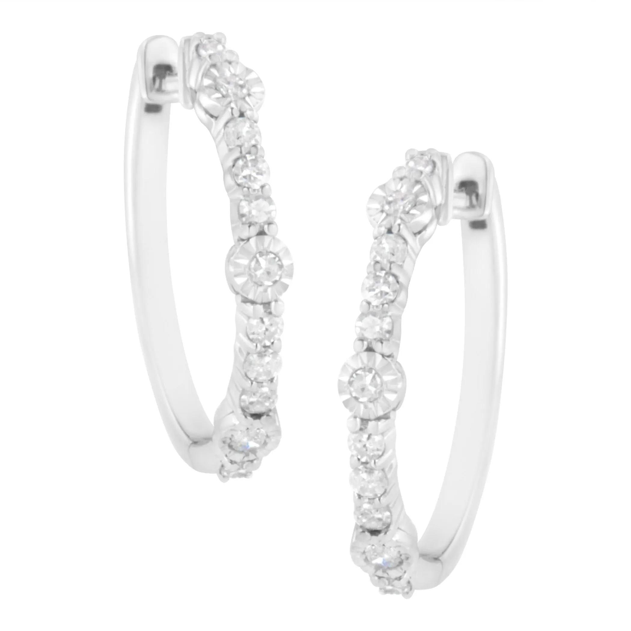 .925 Sterling Silver 1/4 cttw Alternating Prong and Miracle Set Round-cut Diamond Hoop Earring (I-J Color, I2-I3 Clarity)