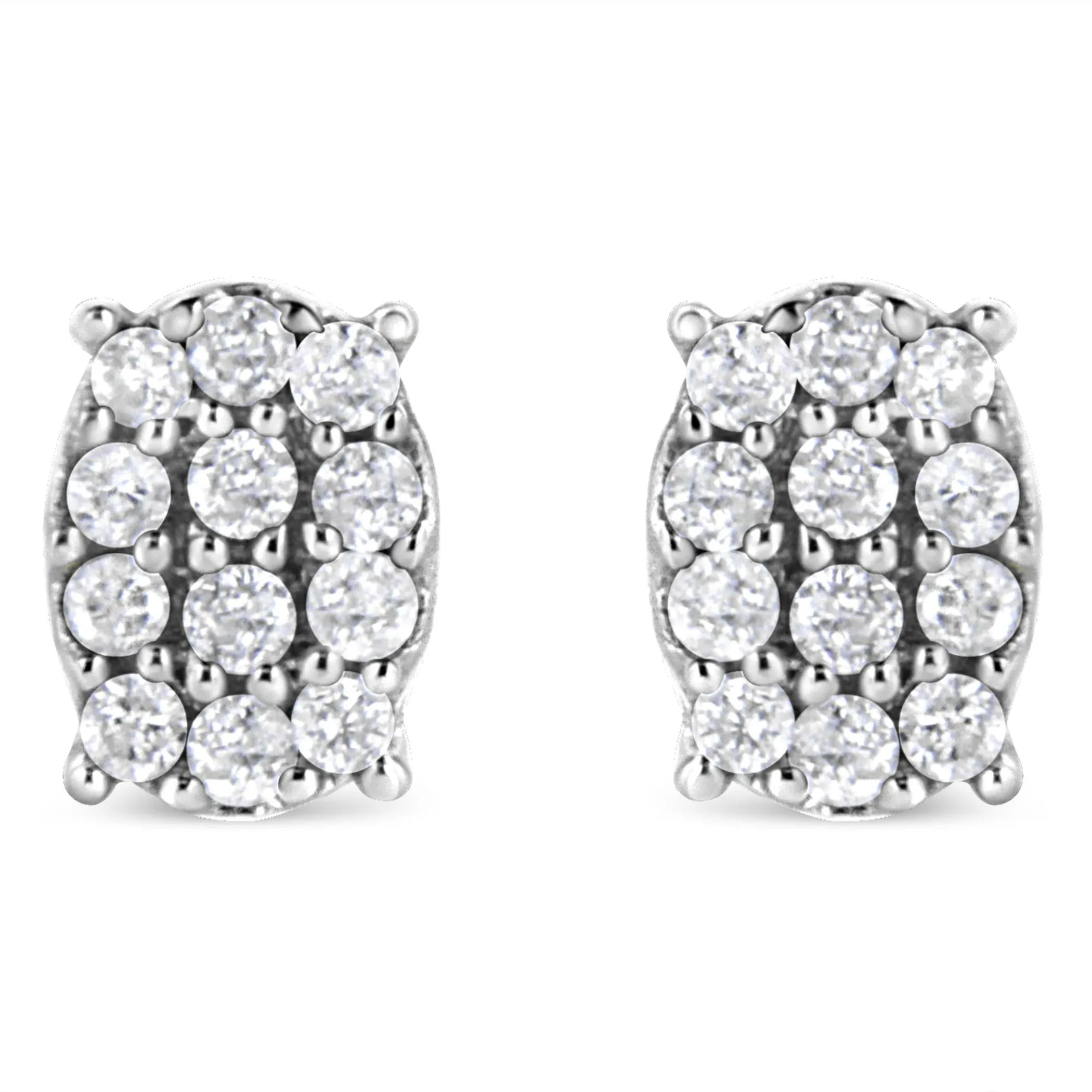 .925 Sterling Silver 1/4 Cttw Round Diamond Oval Shaped Cluster Stud Earrings (I-J Color, I2-I3 Clarity)