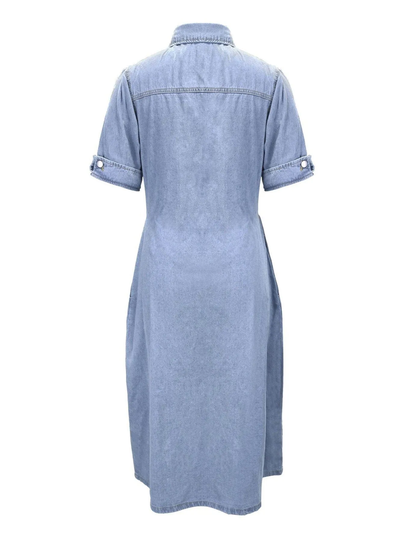 A-Line Flap Pockets Rolled Sleeve V-Neck Casual Lapel Denim Maxi Dresses