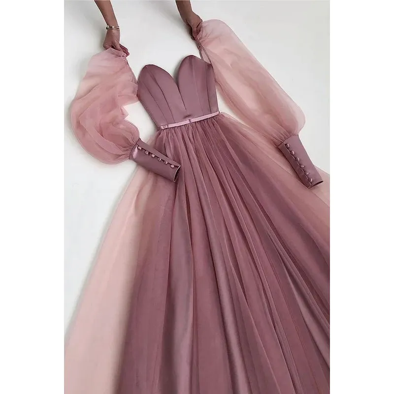 A Line Low V Neck Long Sleeves Pleated Tulle Long Prom Evening Dress