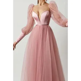 A Line Low V Neck Long Sleeves Pleated Tulle Long Prom Evening Dress