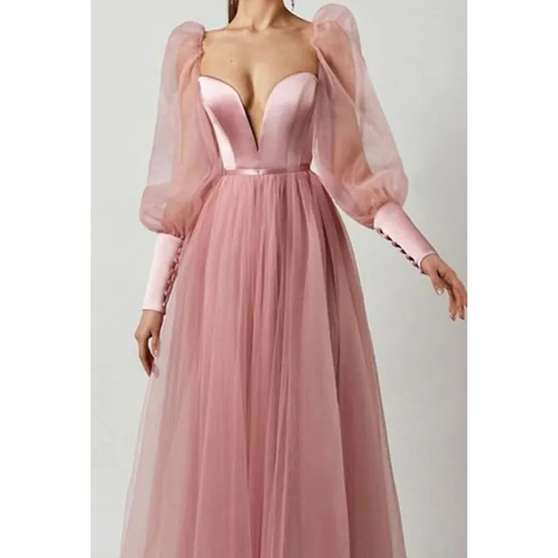 A Line Low V Neck Long Sleeves Pleated Tulle Long Prom Evening Dress