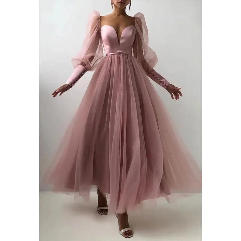 A Line Low V Neck Long Sleeves Pleated Tulle Long Prom Evening Dress