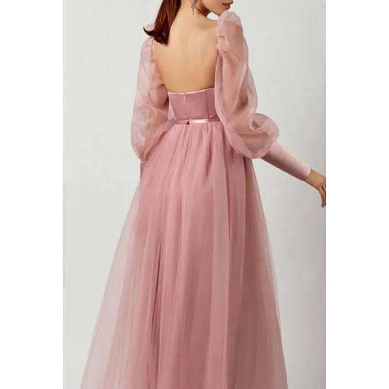 A Line Low V Neck Long Sleeves Pleated Tulle Long Prom Evening Dress