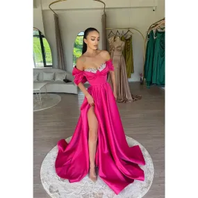 A Line Off Shoulder Beads Satin Long Prom Formal Dress with Slit