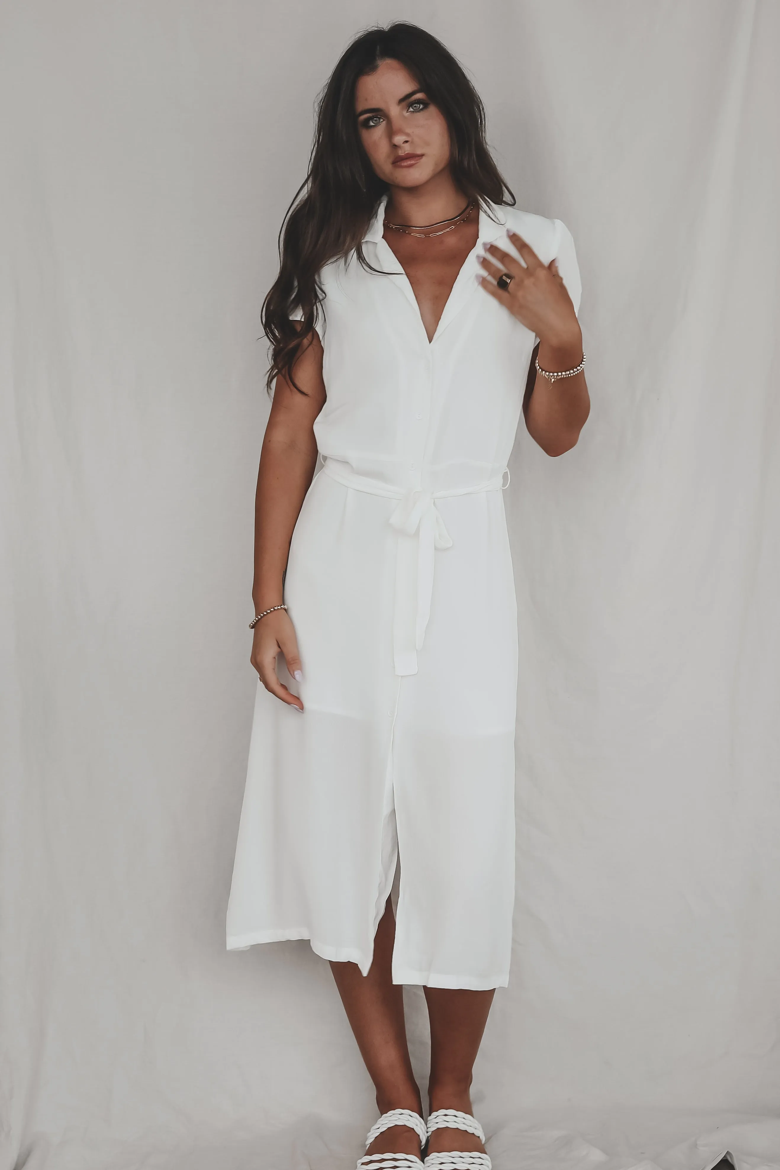 A Walk In The Park White Short Sleeve Button Up Midi