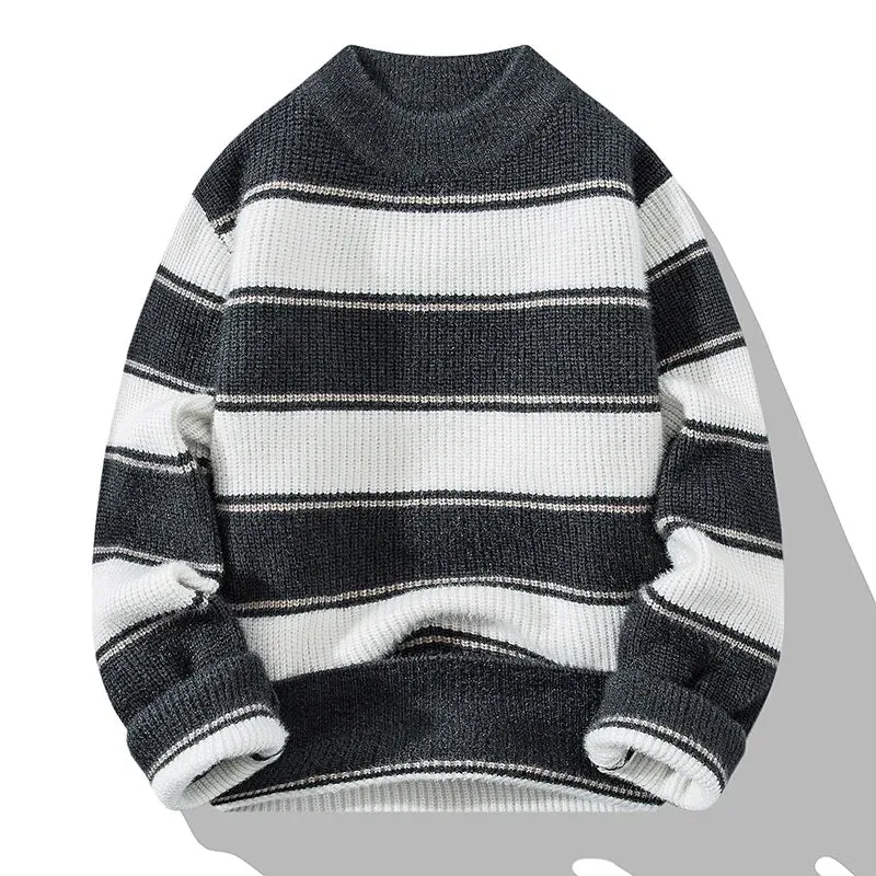 Aidase New Men's Autumn and Winter Pullover Round Neck Spliced Stripe Fashion Casual Loose Sweater Knitted Versatile Long Sleeved Tops