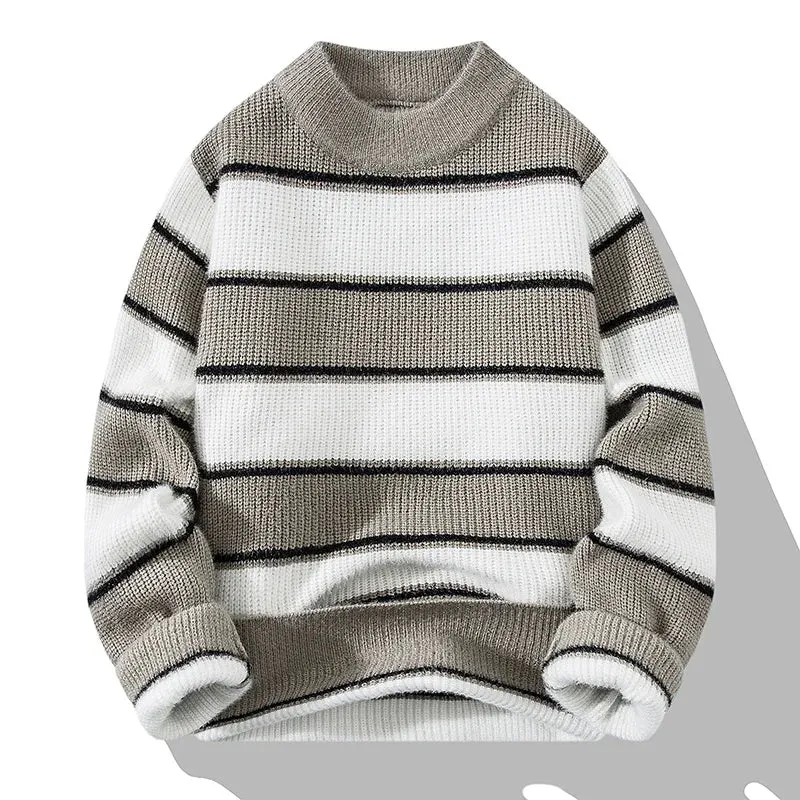 Aidase New Men's Autumn and Winter Pullover Round Neck Spliced Stripe Fashion Casual Loose Sweater Knitted Versatile Long Sleeved Tops