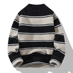 Aidase New Men's Autumn and Winter Pullover Round Neck Spliced Stripe Fashion Casual Loose Sweater Knitted Versatile Long Sleeved Tops