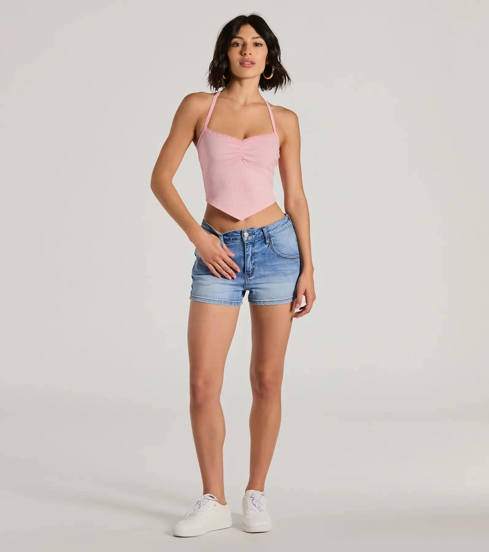 All Day Darling Halter V-Neck Lace Trim Crop Top