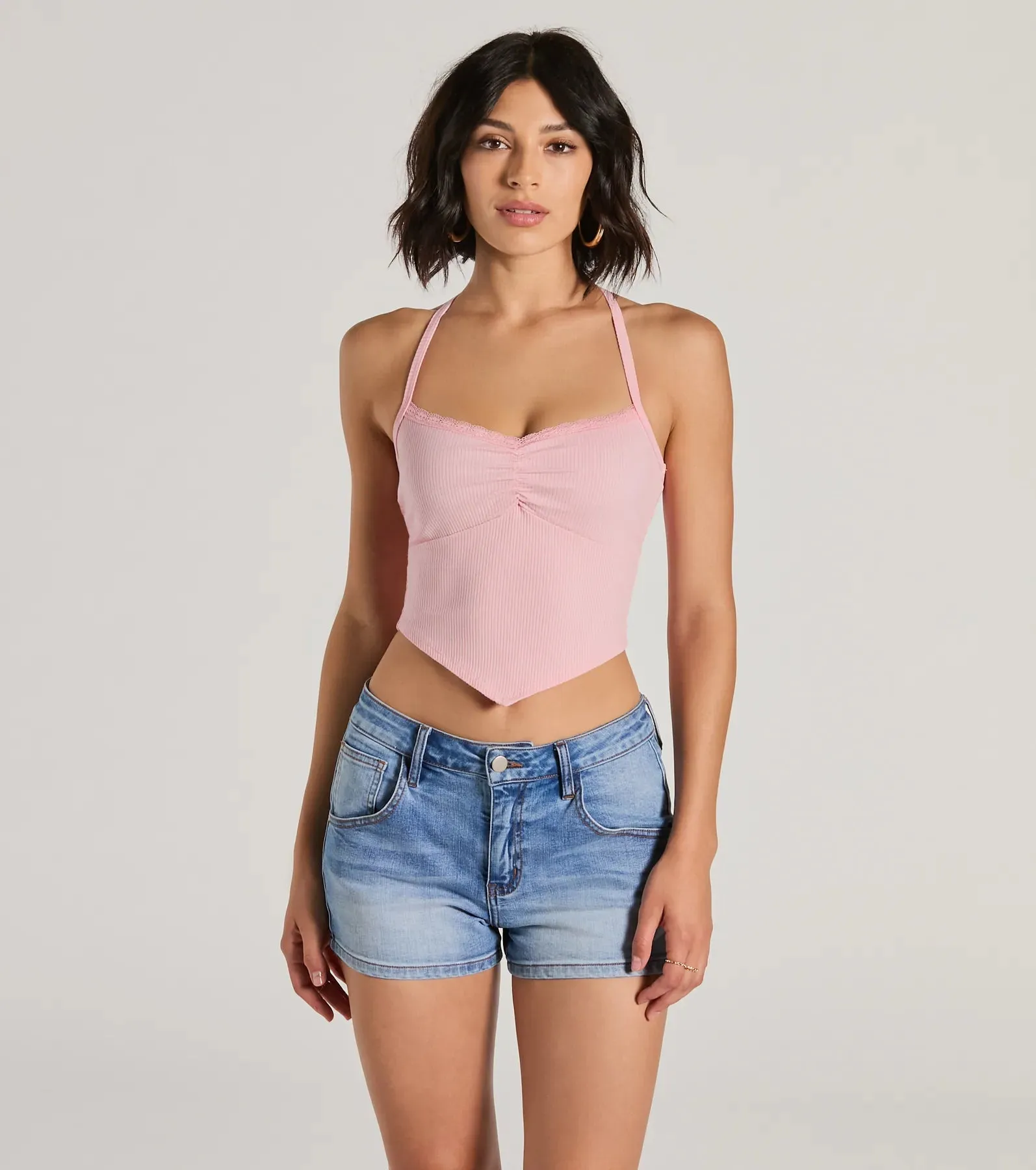 All Day Darling Halter V-Neck Lace Trim Crop Top