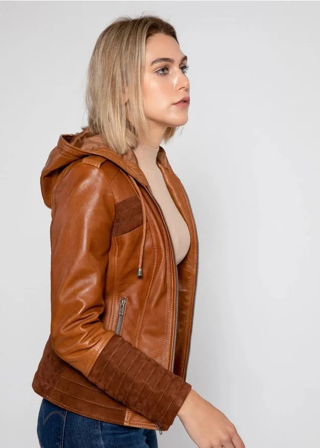 Arya Brown Suede Women Hooded Leather Jacket