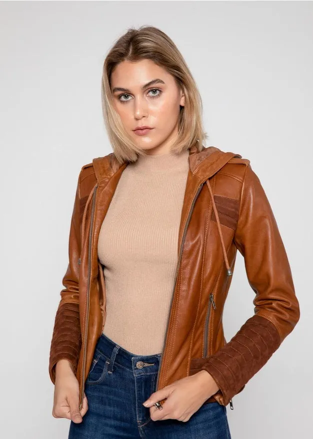 Arya Brown Suede Women Hooded Leather Jacket