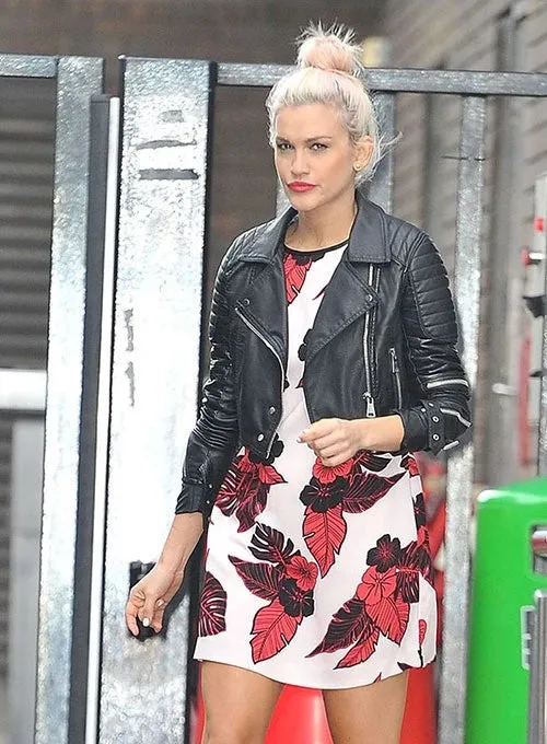 Ashley Roberts Cropped Leather Motorcycle Jacket