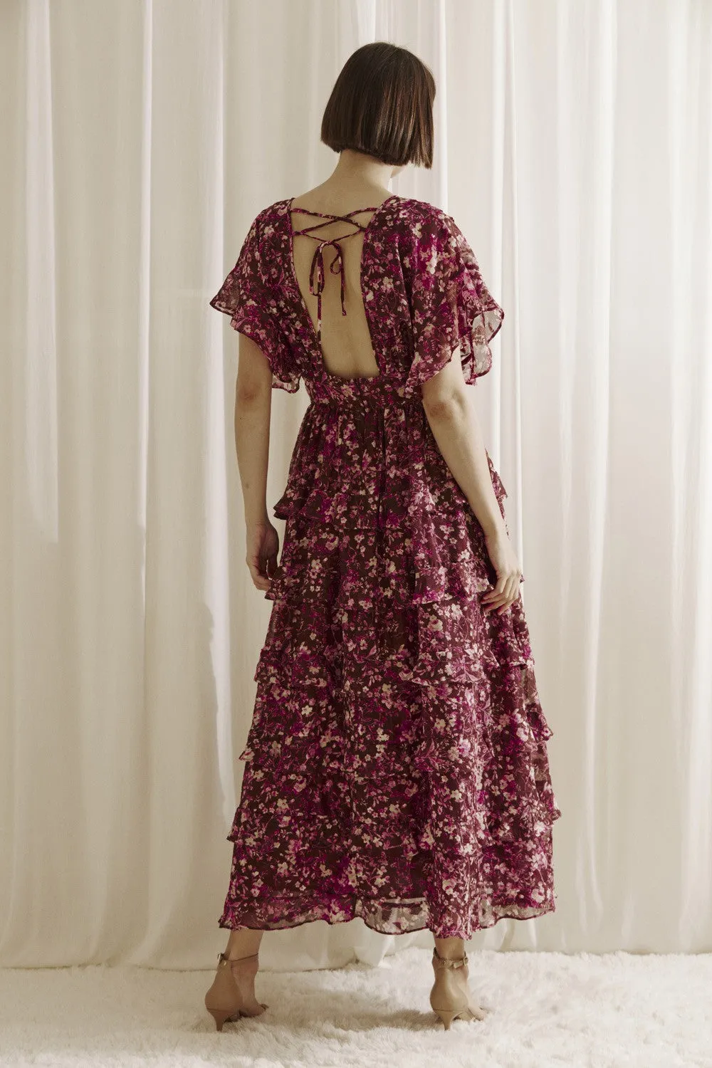 Aubree Ruffled Floral Print Midi Dress - Maroon