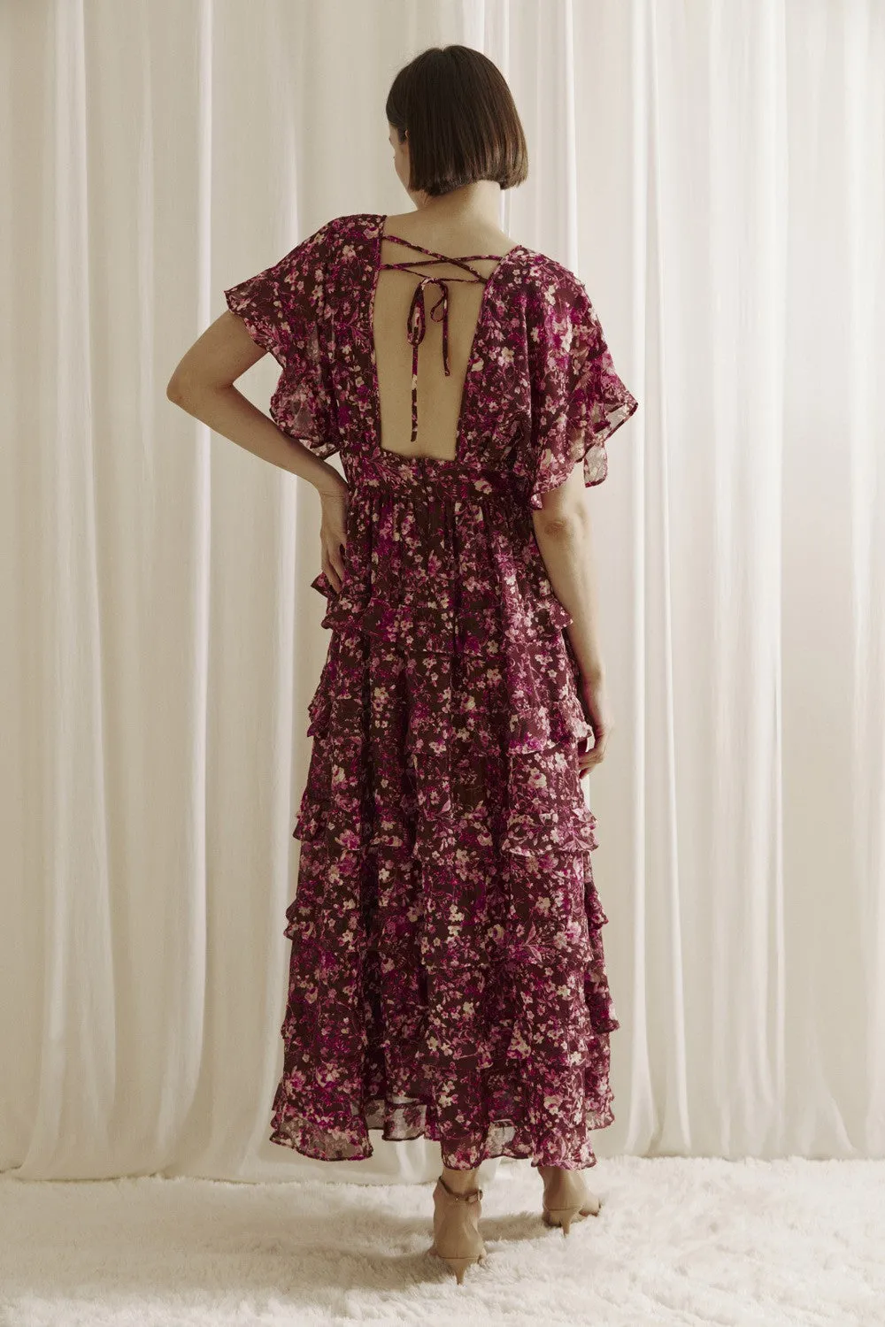 Aubree Ruffled Floral Print Midi Dress - Maroon