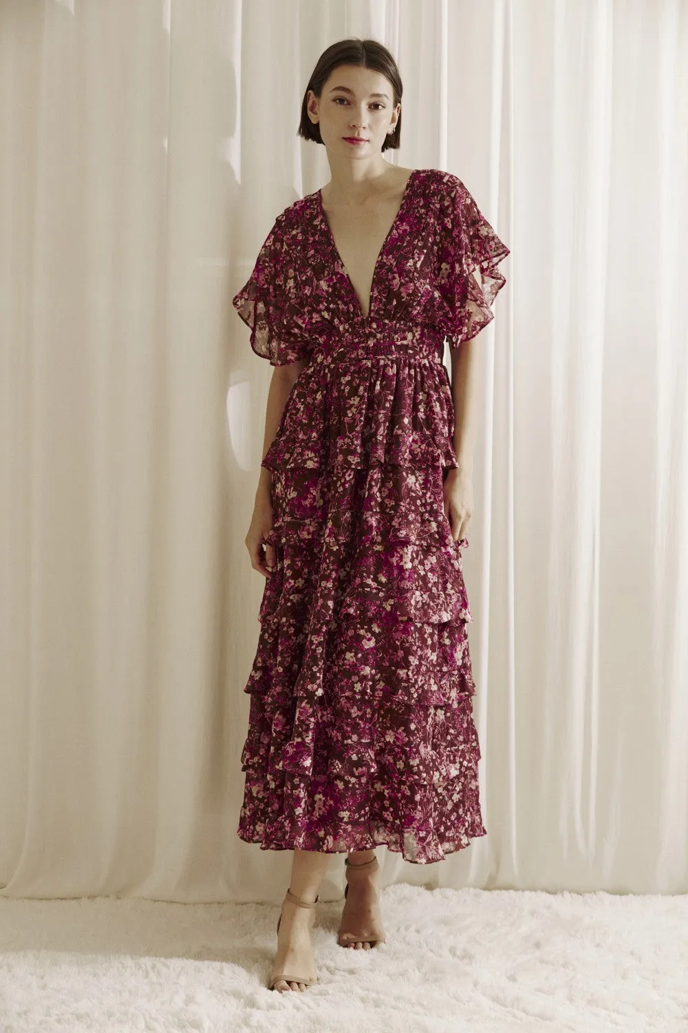 Aubree Ruffled Floral Print Midi Dress - Maroon