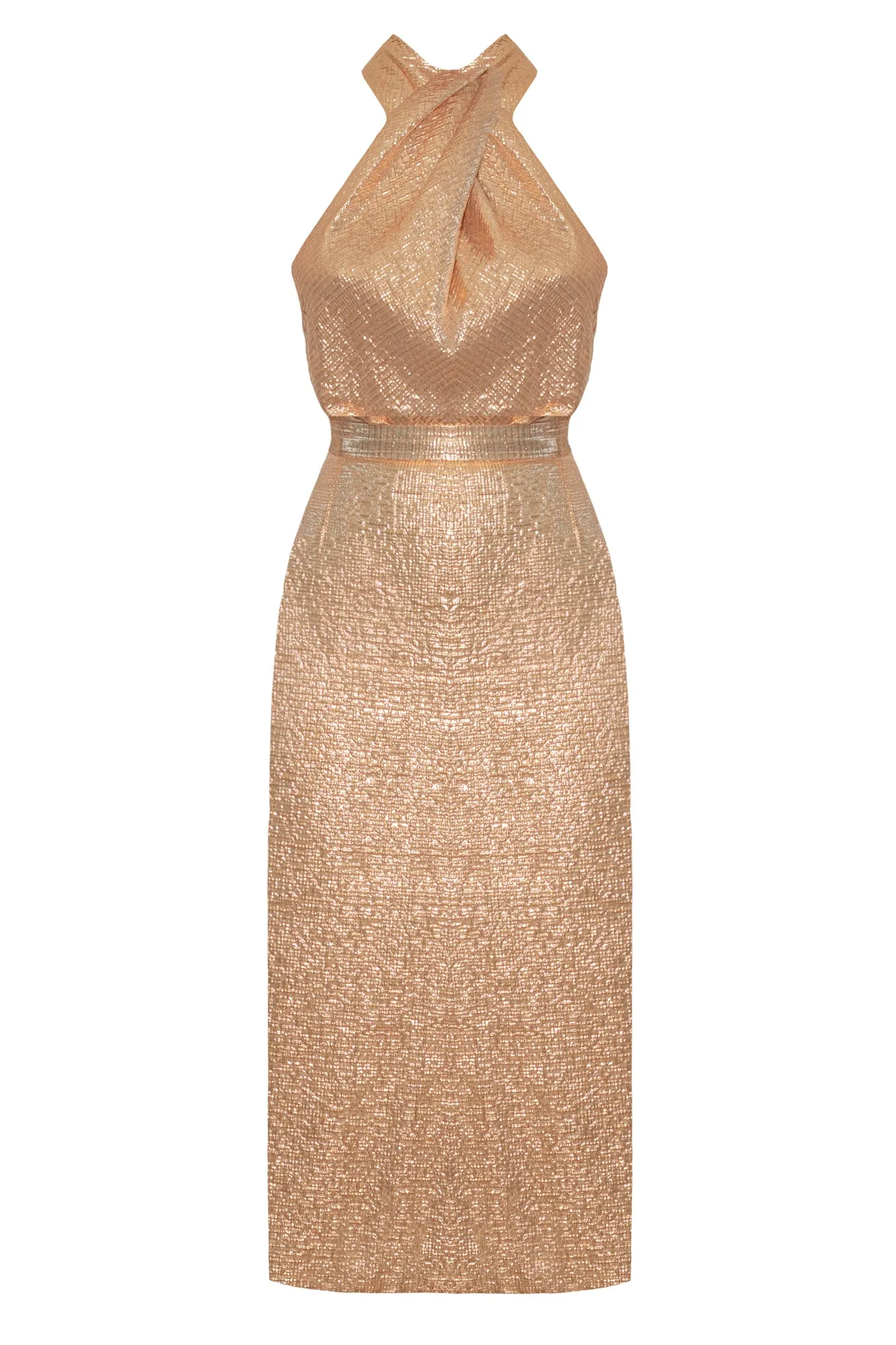 AURA gold backless evening dress