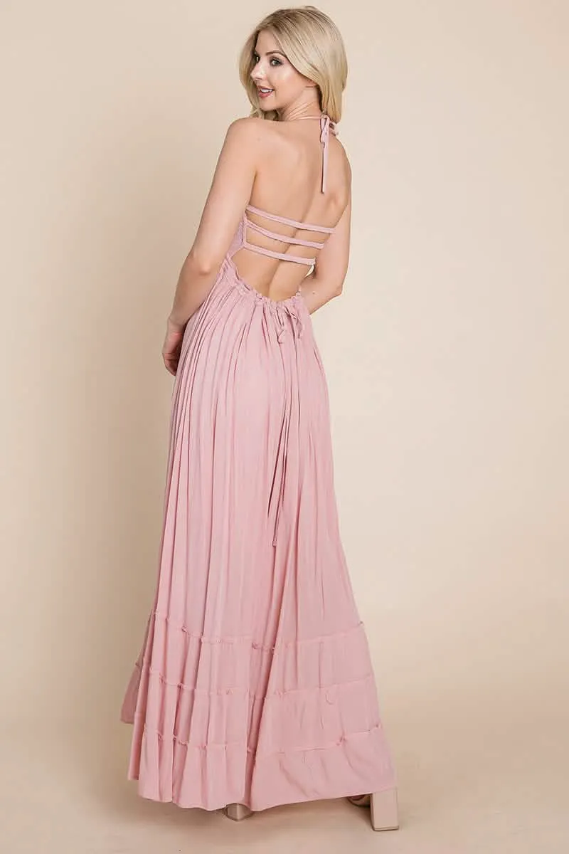 Backless Bohemian Pleated Maxi Dress with Stylish Smocked Accents