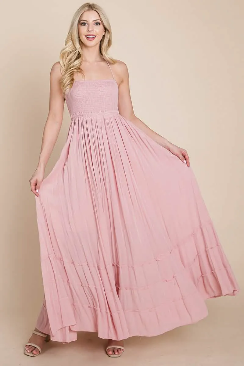 Backless Bohemian Pleated Maxi Dress with Stylish Smocked Accents