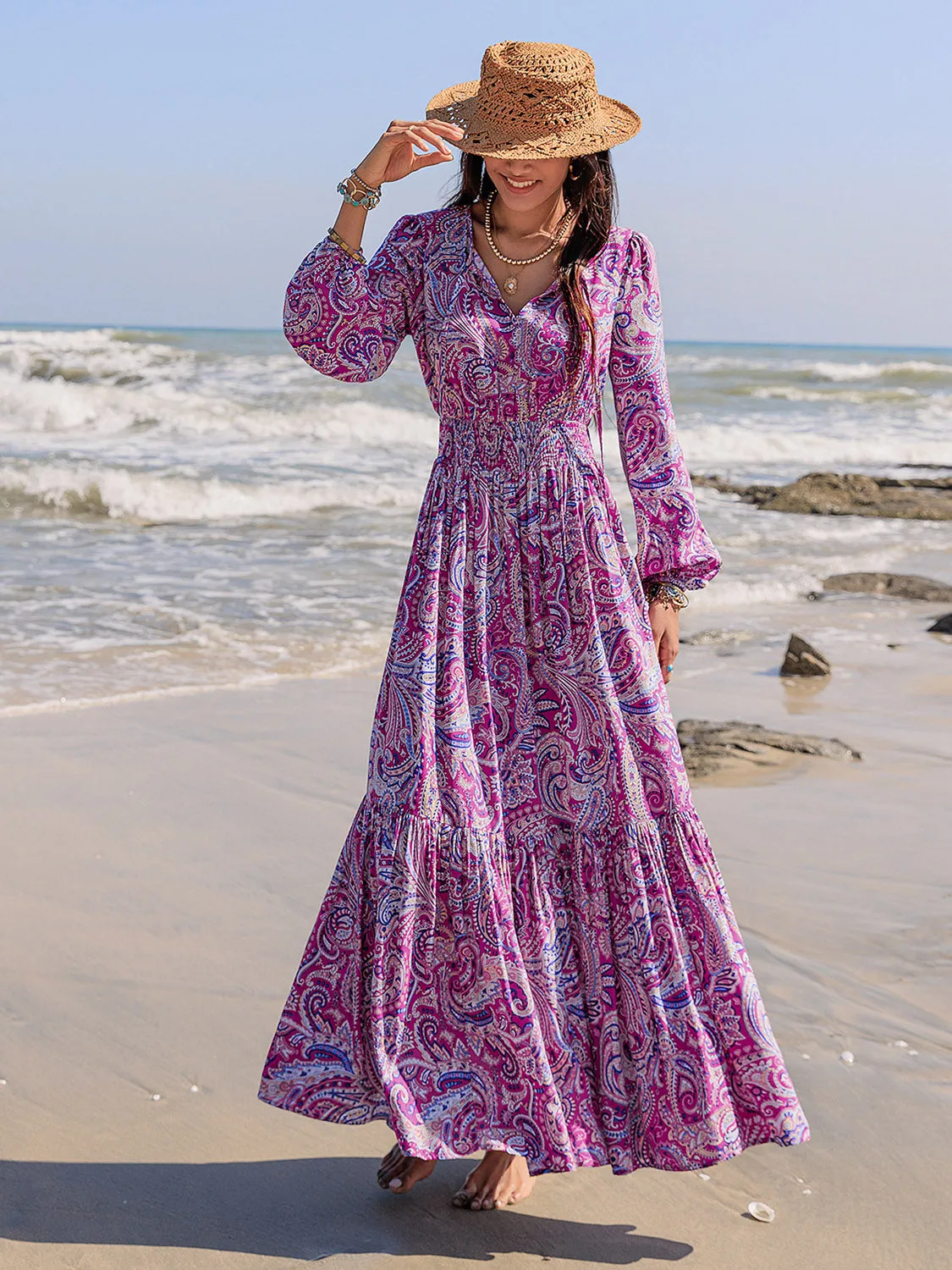 Balloon Sleeve Beach Maxi Dress