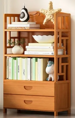 Bamboo Antique Style Cabinet Book Shelf Bookcase Storage Choice Elegant With Drawers