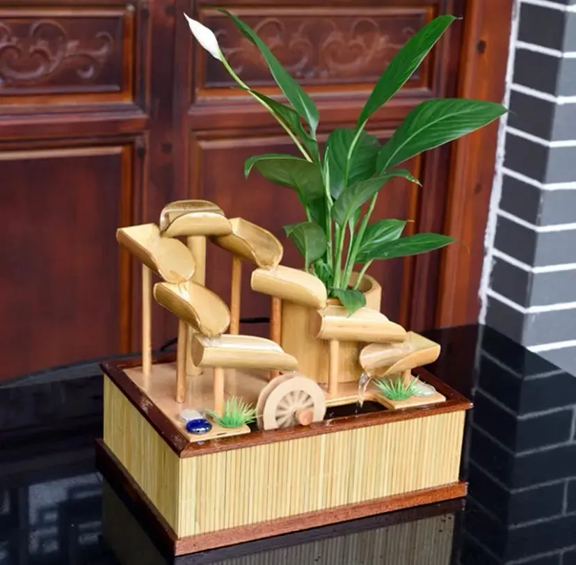 Bamboo Handmade Handcrafted Water Feature Fountain With Basin Flowing Water Wheels Home Decor BWF04