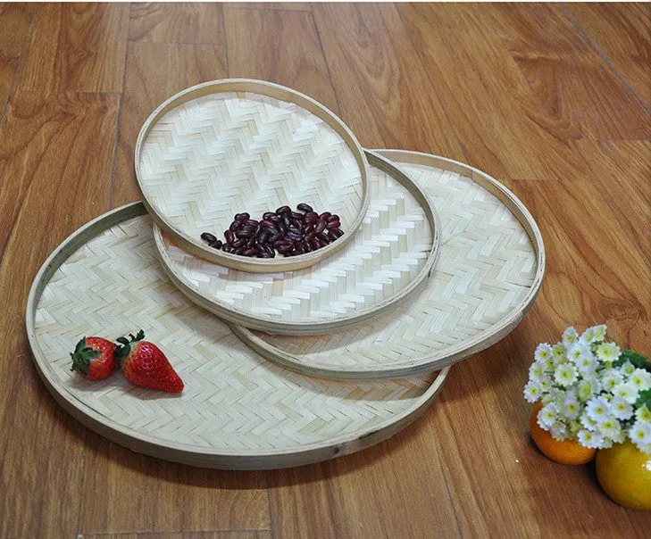 Bamboo Handmade Round Plates Bamboo Fruit Baskets Storage Drier Food Multiple Use BPT01