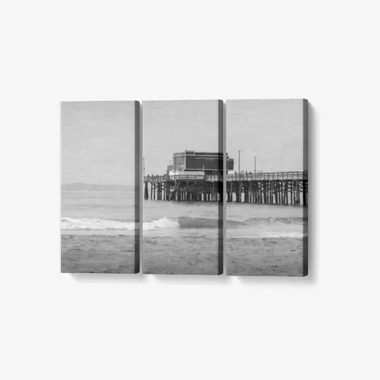 B&W Newport Pier - 3 Piece Canvas Wall Art - Framed Ready to Hang 3x8"x18"