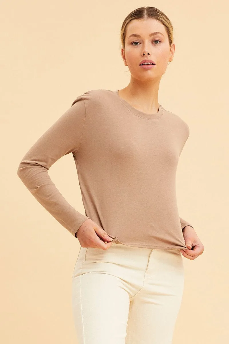 Beige Cropped T-Shirt Long Sleeve Crew Neck Cotton