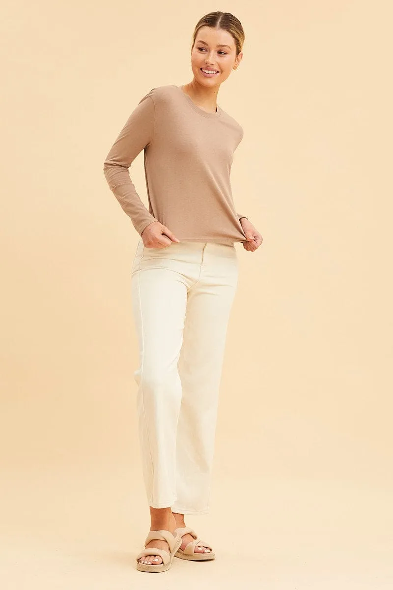 Beige Cropped T-Shirt Long Sleeve Crew Neck Cotton