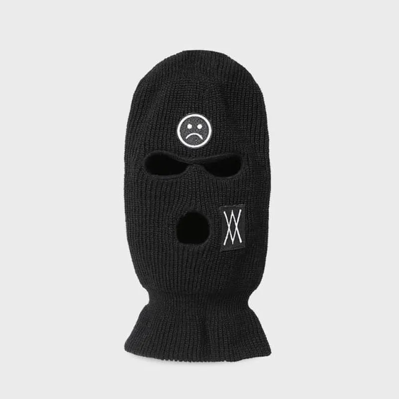 Black 3 Holes Balaclava With Sad Face Embroidery