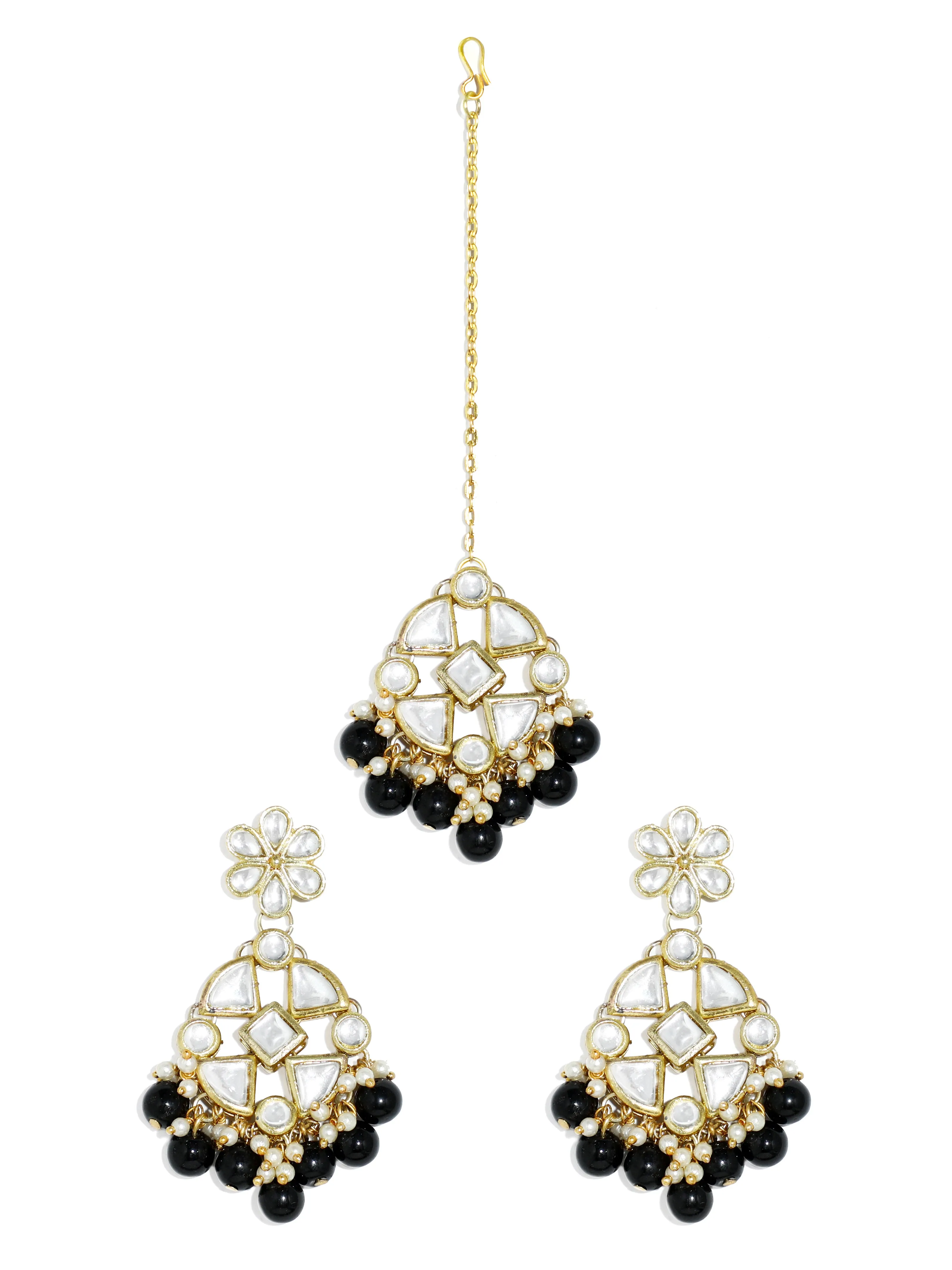 Black Beads Kundan Dangler Earrings with Maangtikka