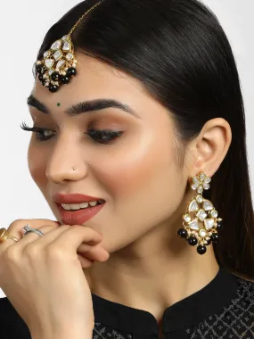 Black Beads Kundan Dangler Earrings with Maangtikka