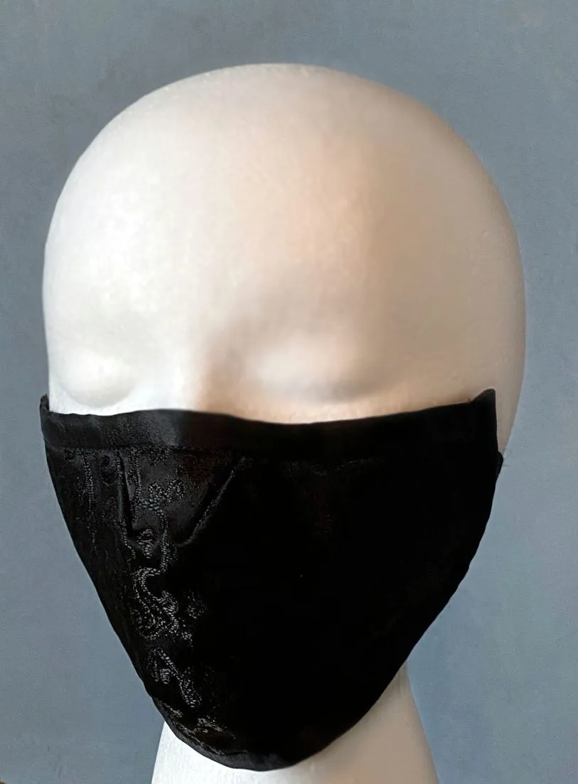 Black brocade face cover/cloths face mask, cotton inside. Made to order