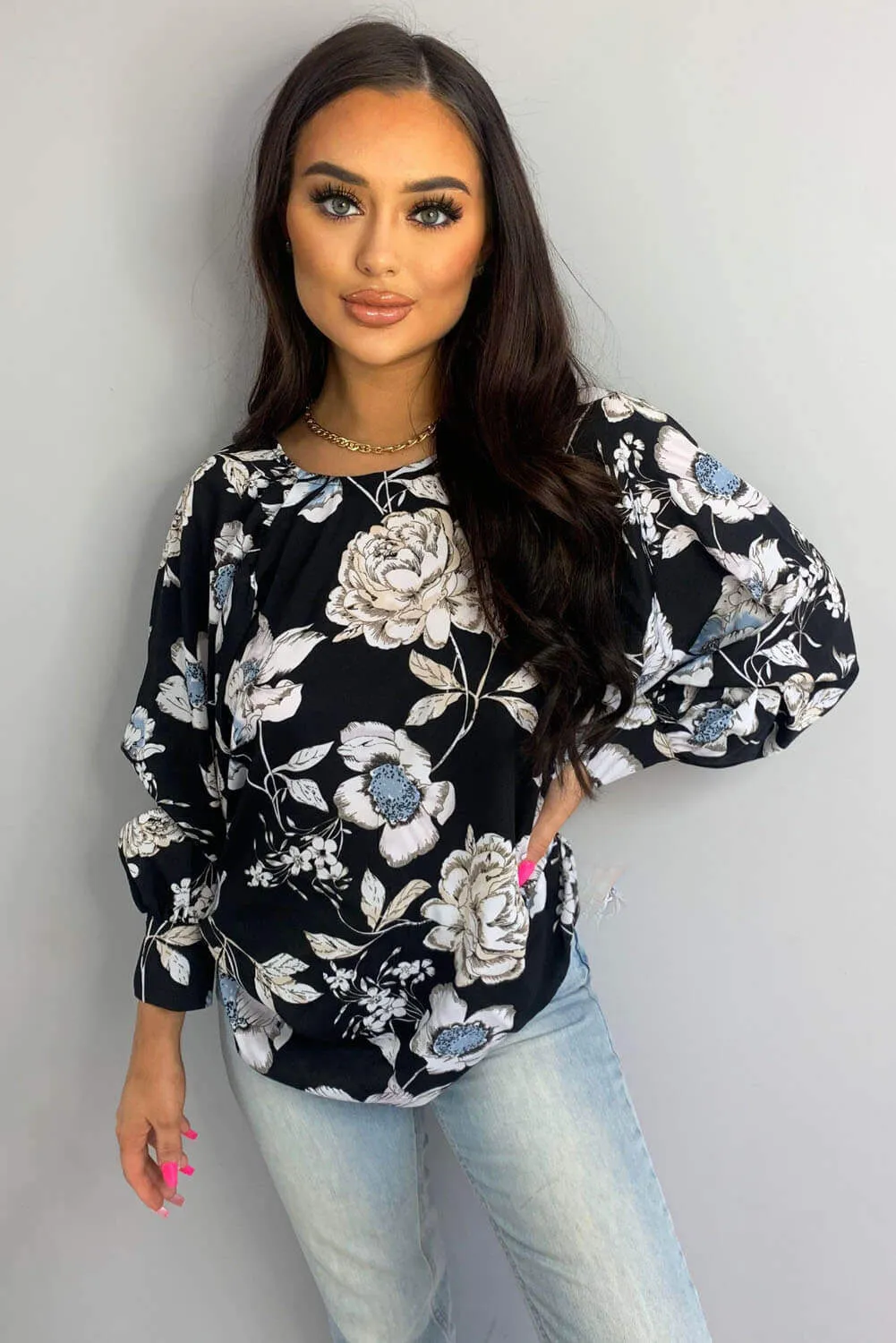 Black Floral Wide Sleeve Blouse