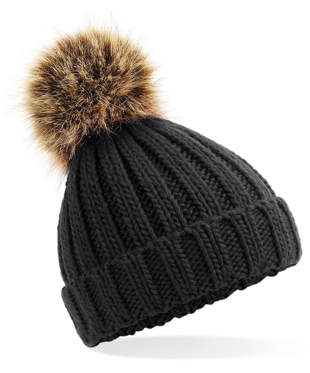 Black - Infant/junior fur pom pom chunky beanie