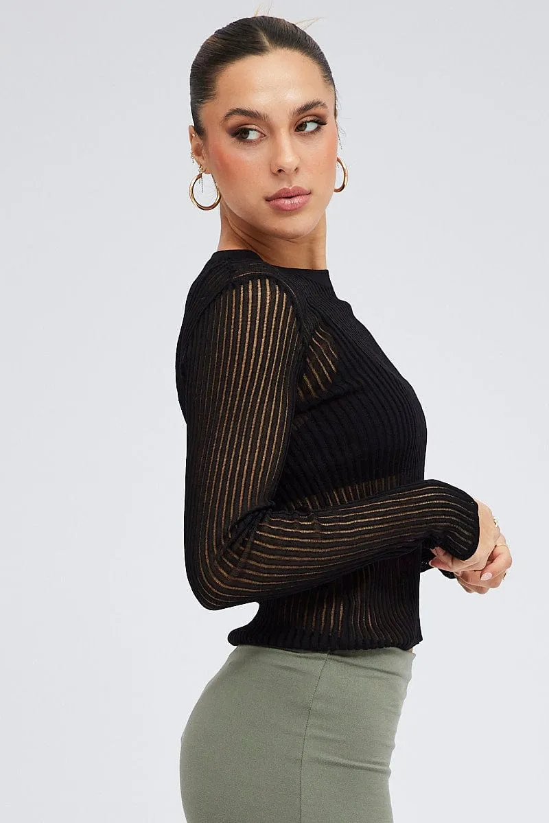 Black Knit Top Long Sleeve Crew Neck