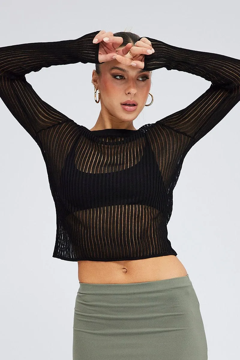 Black Knit Top Long Sleeve Crew Neck