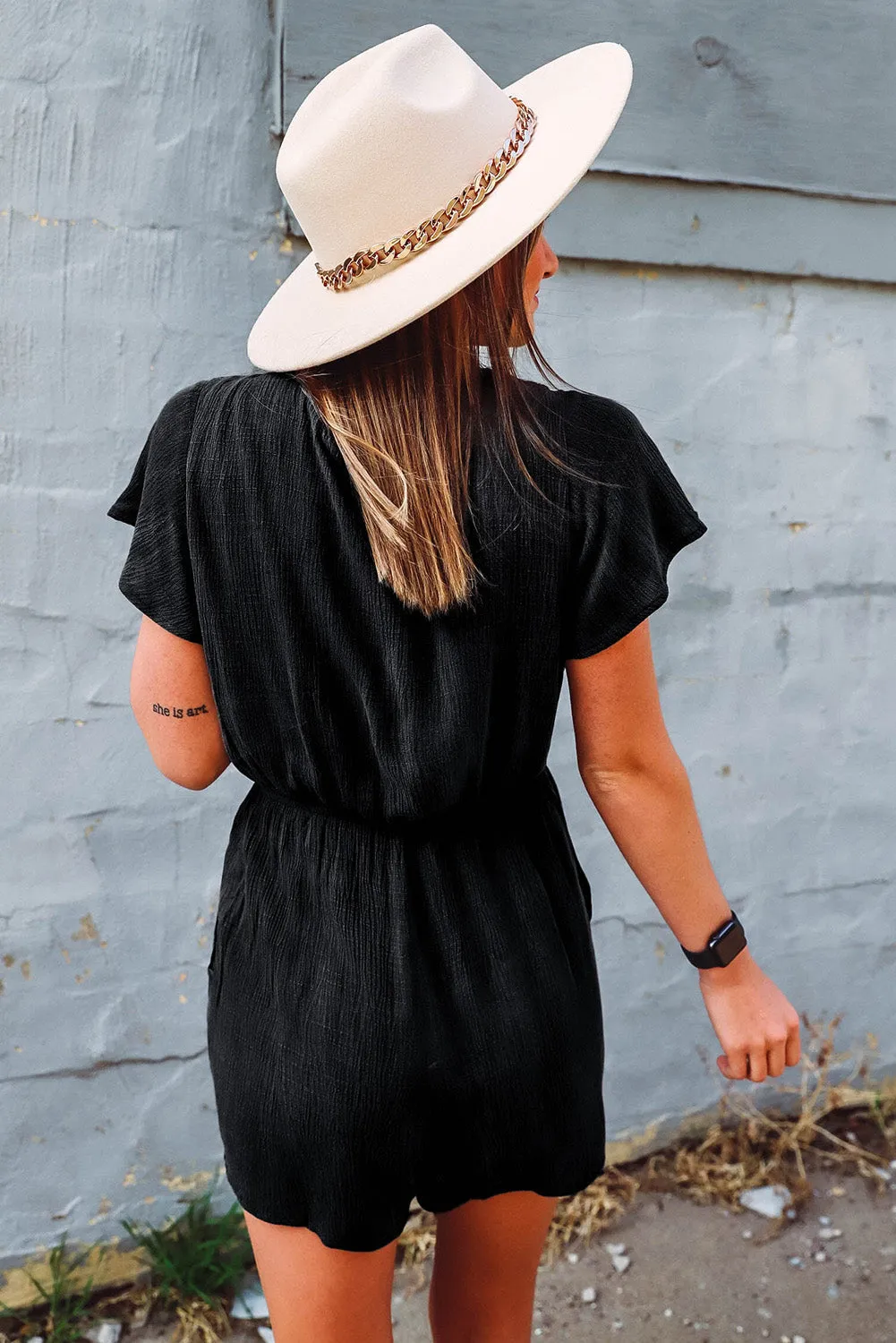 Black V Neck Wrap Short Sleeve Romper