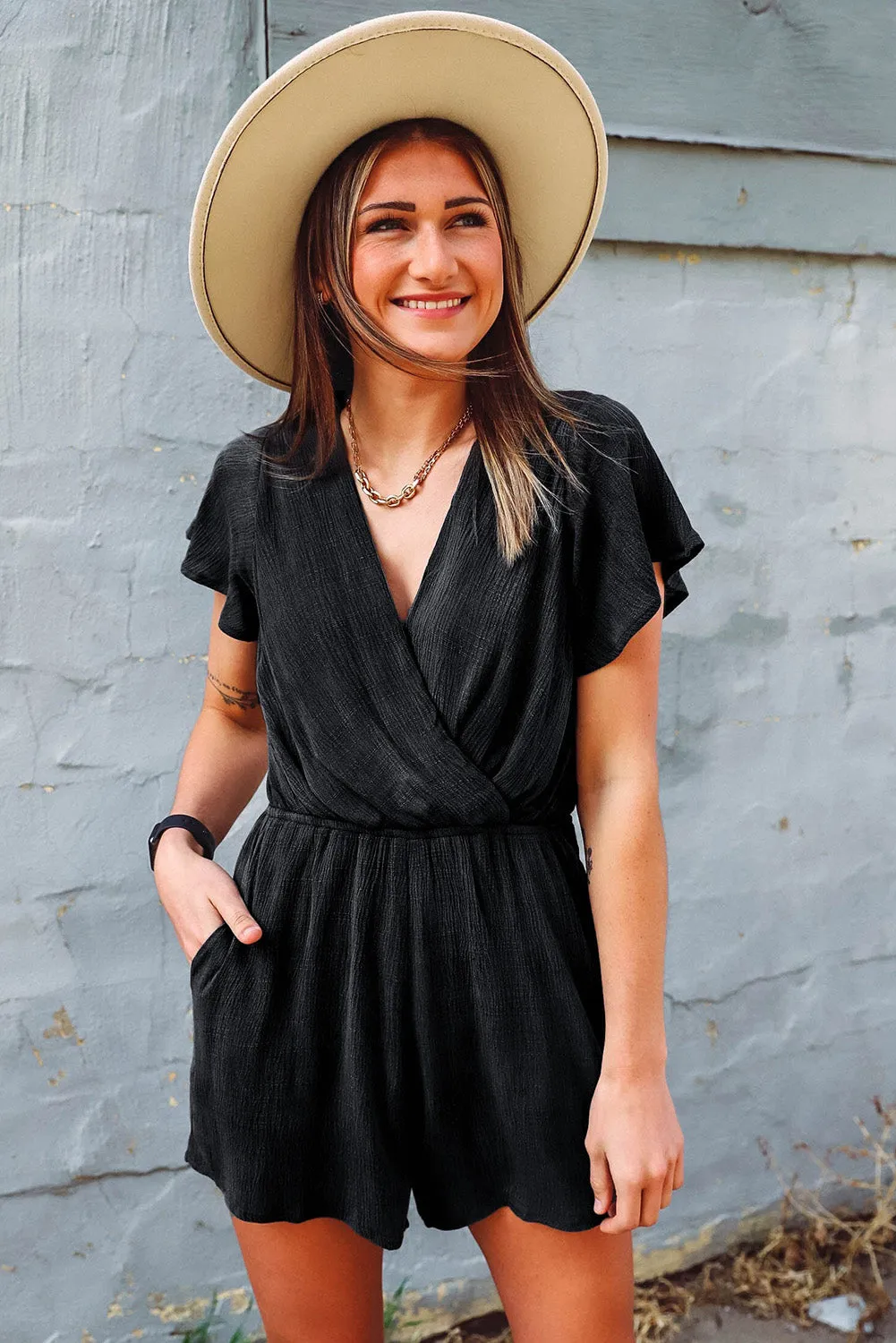 Black V Neck Wrap Short Sleeve Romper