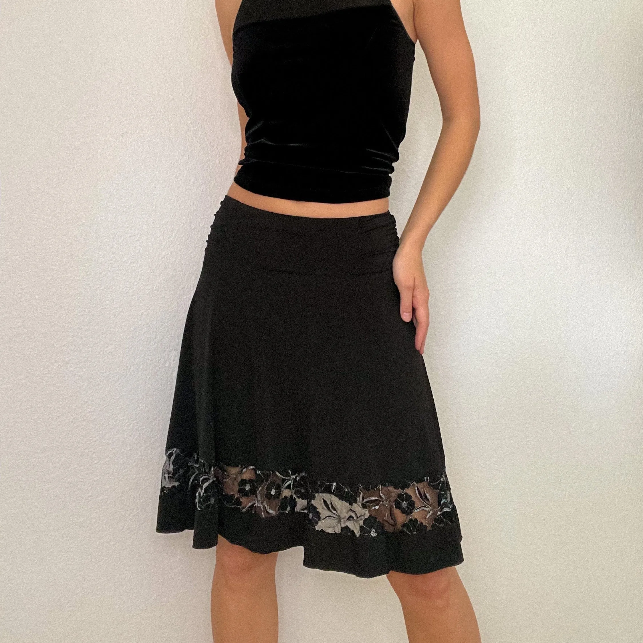 Black Y2K Floral Lace Midi Skirt