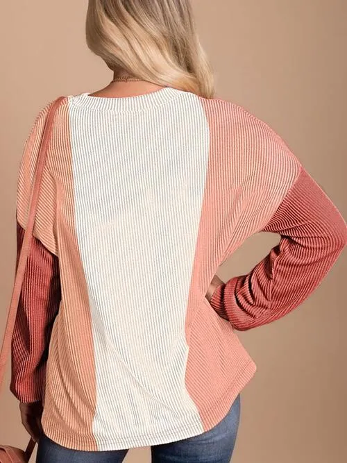 Blended Color Block Long Sleeve Rib T-Shirt