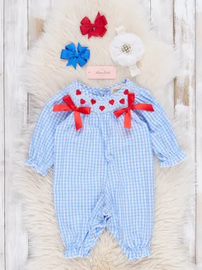 Blue Gingham Smocked Hearts Romper