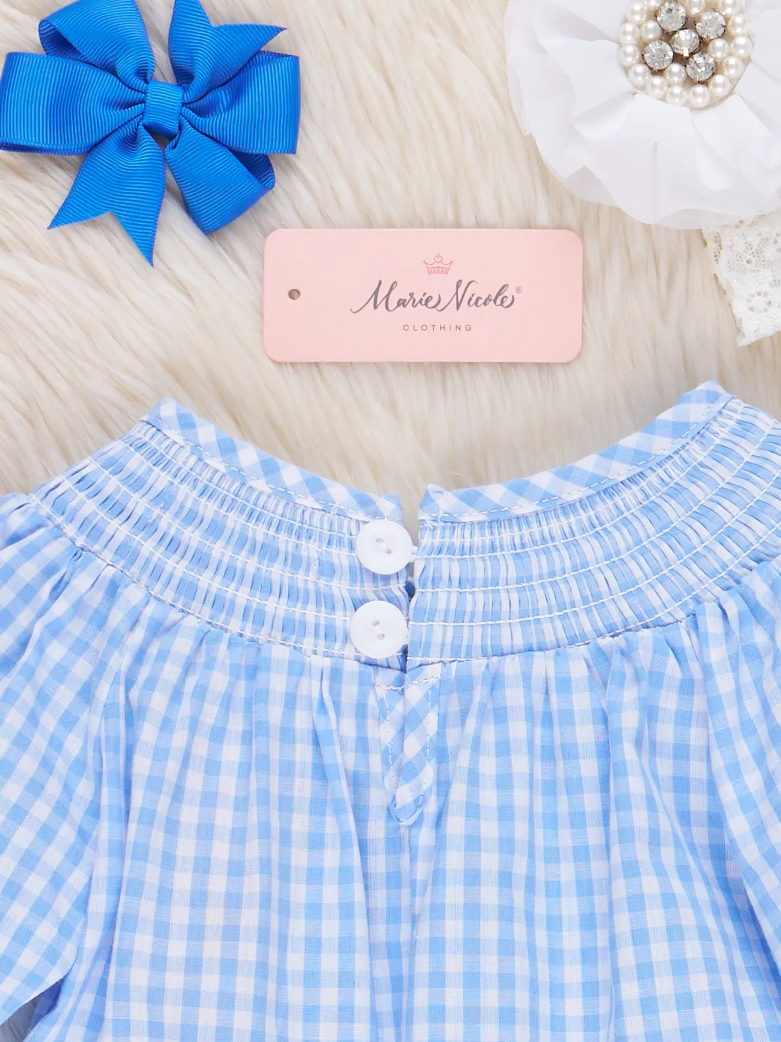 Blue Gingham Smocked Hearts Romper